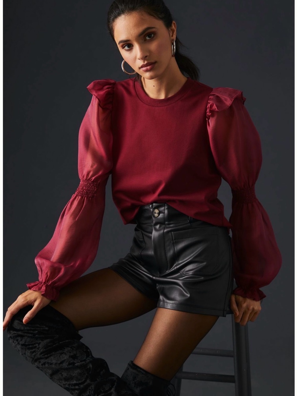 Anthropologie Burgundy Puff-Sleeve Crewneck Blouse